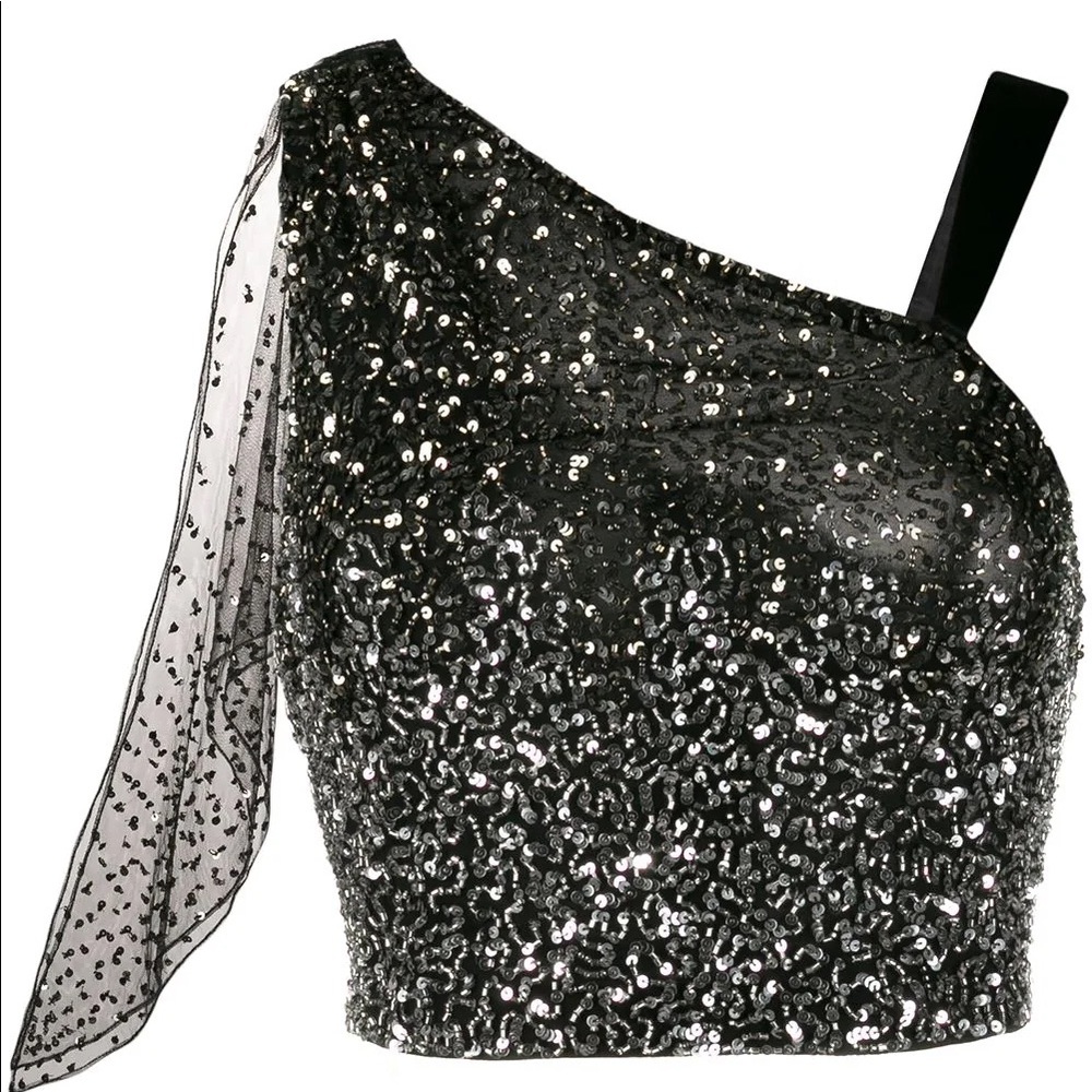 Alice+Olivia one Shoulder Sequin Scarf Top, black